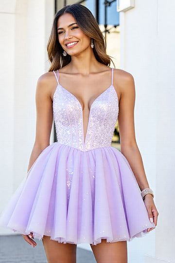 Sparkly Lilac A Line Short Corset Cocktail Dress with Sequins